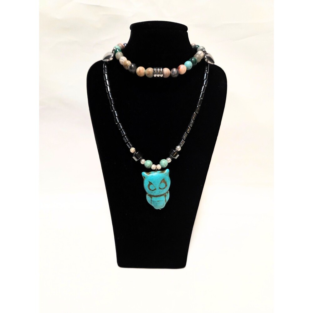 Owl Pendant Beaded Necklace & Matching Stretch Bracelet Set Black Turquoise Tone